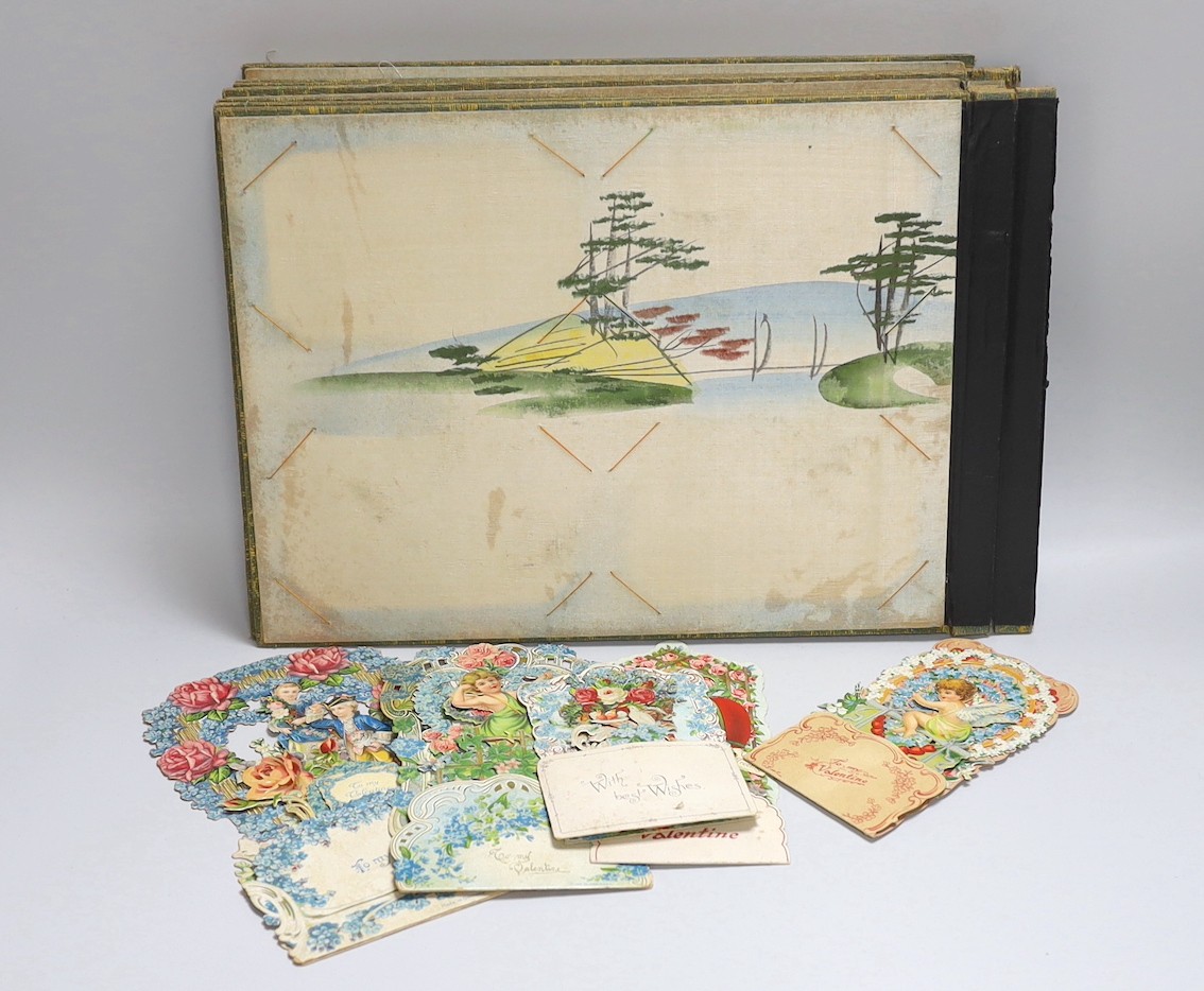 Five Victorian chromo-lithographic Valentine cards and a Japanese album of paintings - the latter a.f.
